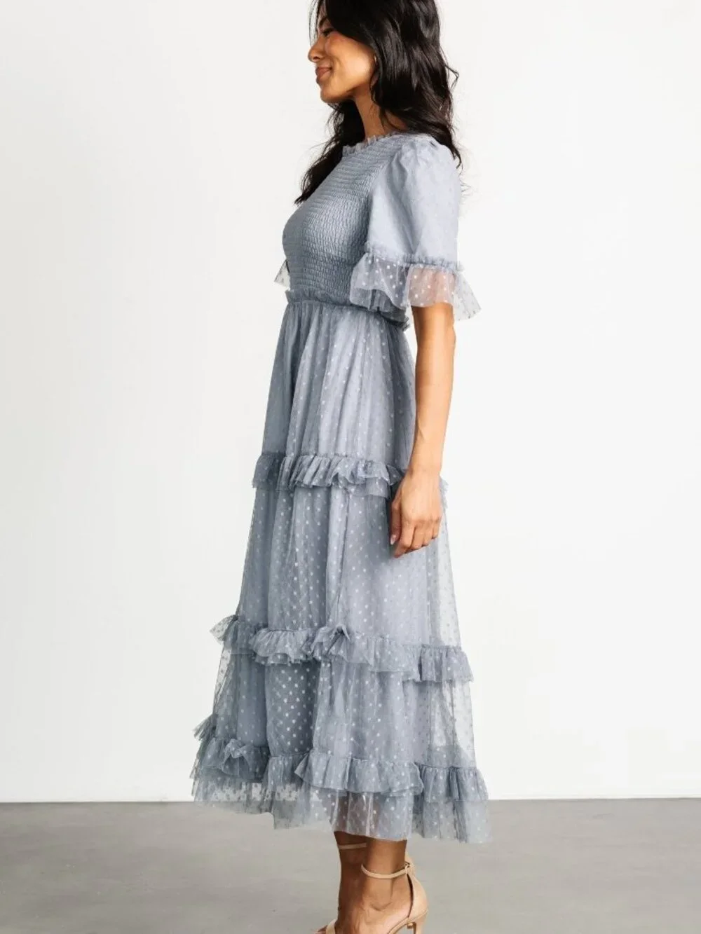 Baltic Born Lysandra Smocked Dot Dress | Dusty Slate Size MM - Picture 11 of 13